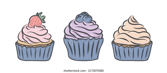 Set of hand drawn muffins. Doodle sketch style. Line drawing of simple cupcakes decorated with cream. Isolated colorful vector illustration in line style.