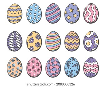 Set of hand drawn multi colored easter eggs. Ornaments for Easter design. Vector illustration in doodle style.
