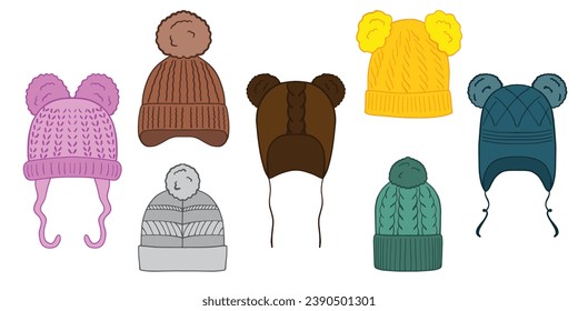 Juego de sombreros de invierno para niños de varios colores dibujados a mano. Ilustración del vector Doodle aislada en fondo blanco