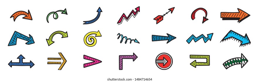 Set of hand drawn multicolored arrow icons, sketch direction, location, next, left right symbols and other. Vector illustration