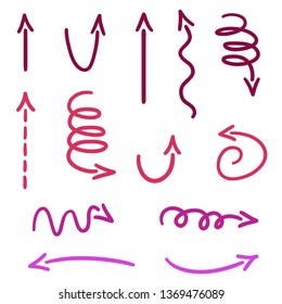 Set of hand drawn multicolored arrows. Line art. Colorful illustration. Doodles for work