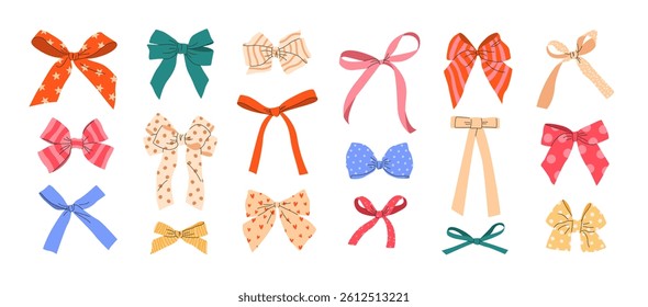 Set of hand drawn multicolored bows, bow knots, bow ties, ribbons, and hair bows. Isolated elements on white background. Bundle of various bows in flat style for celebration designs. Vector clipart.