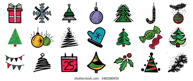 Set handgezeichnete mehrfarbige Weihnachts- und Neujahrssymbole. Geschenk, Schneeflocke, Weihnachtsbaum oder -kiefer, Süßigkeiten, Spielzeugkugel oder -kugel, Wintergeschenk, Feiertagsfeste, Weihnachtsdatum, Kiefernzweig