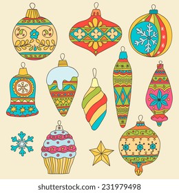 Set of hand drawn multicolored Christmas tree balls
