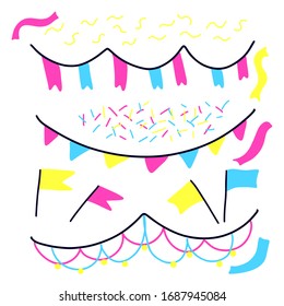 Set of hand drawn multicolored festive sweets, flags, garlands. Illustration isolated on white background on the theme of birthday and anniversary, new year.
