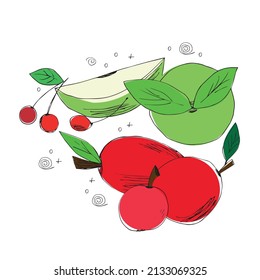 set of hand drawn multicolored fruit elements made of red and green apples and cherries in the style of doodles for conceptual design. vector illustration isolated on a white background