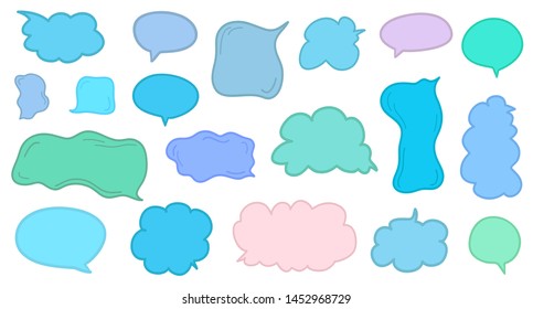 Set of hand drawn multicolored think and talk speech bubbles on white. Sketchy doodles