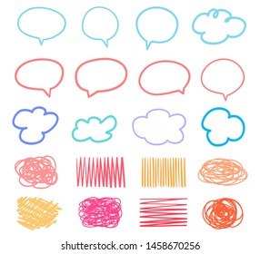 Set of hand drawn multicolored think and talk speech bubbles on white. Colored hatching shapes with array of lines. Wavy samples. Hand drawn tangled patterns. Colorful illustration