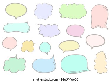 Set of hand drawn multicolored think and talk speech bubbles on white. Abstract clouds on isolation background