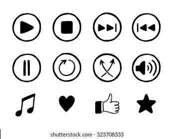 Set of hand drawn music icons. Sketch style buttons. Media player elements. Vector illustration.