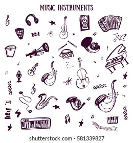 Set of hand drawn Music Instruments in vector with guitar, rock, bass. Doodle mysical items in rough style