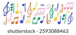 Set of hand drawn music notes with crayon, pastel or chalk texture. Cute doodle elements for kids or decorations. Color vector illustration on a white background.
