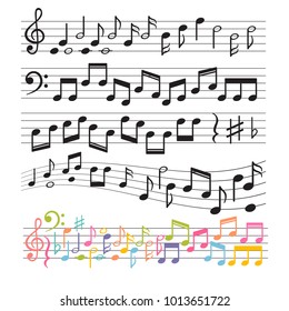 Set of hand drawn music notes. Music design elements. Key sign collection. Melody symbols. Vector illustration