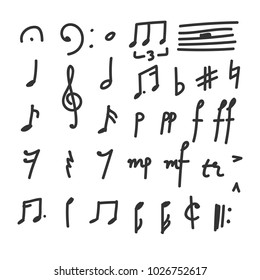 Set of Hand drawn Music Notes and Symbols icons. Doodles and sketches. Vector