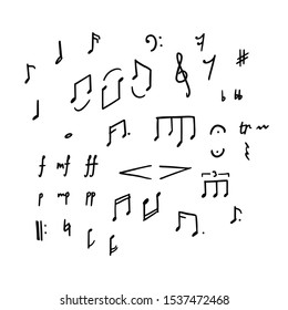 Set of Hand drawn Music Notes and Symbols icons. Doodles and sketches. Vector