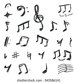 Set of Hand drawn Music Notes and Symbols icons. Doodles and sketches. Vector
