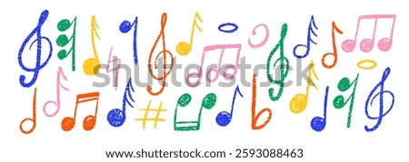 Set of hand drawn music notes with crayon, pastel or chalk texture. Cute doodle elements for kids or decorations. Color vector illustration on a white background.