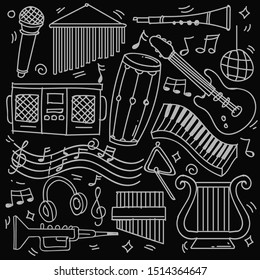 Set of hand drawn music theme isolated on black background, doodle set of Musical Instruments theme. Vector illustration