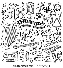 Set handgezeichnete Musik-Thema einzeln auf weißem Hintergrund, doodle Set von Musikinstrumenten Thema. Vektorgrafik