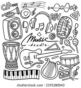 Set of hand drawn music theme isolated on white background, doodle set of Musical Instruments theme. Vector illustration