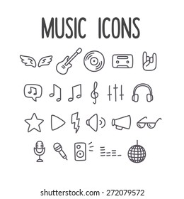 Set of hand drawn music themed line icons.