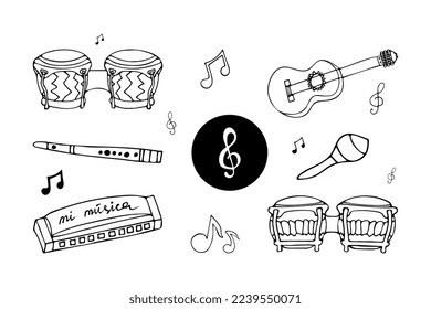Set of hand drawn musical doodle symbols and instruments for design. Isolated on white background.