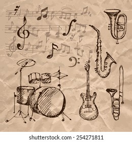 Set of hand drawn musical instrument icons on crumpled kraft paper texture. Vector illustration.
