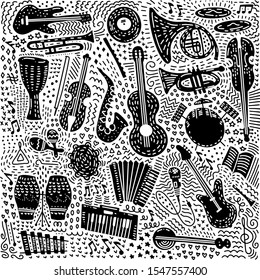 Set of hand drawn Musical Instruments theme isolated on white background. Ornate black doodle set of music theme. Vector illustration.