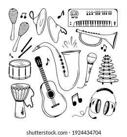 Set of hand drawn musical instruments isolated on a white background. Doodle, simple outline illustration. It can be used for decoration of textile, paper and other surfaces.