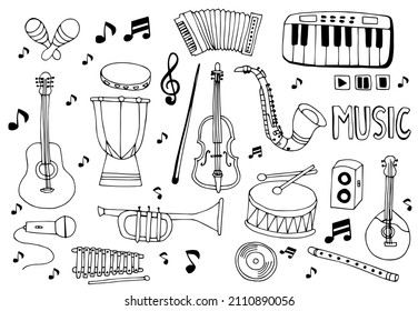 Set of hand drawn musical instruments in doodles style.