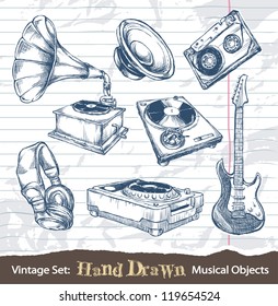 Set of hand drawn musical objects. Layered. Vector EPS 10 illustration.