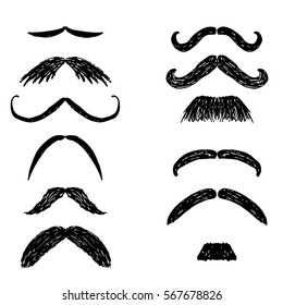 Set of hand drawn mustaches, black silhouettes. Collection of men's mustaches. Vector illustration.

