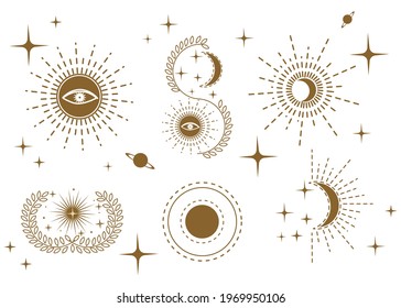 Set of hand drawn mystical elements for card, banner, logo, sticker etc. Celestial objects boho collection isolated on white. Esoteric and witchcraft design elements. Astronomy vector illustration