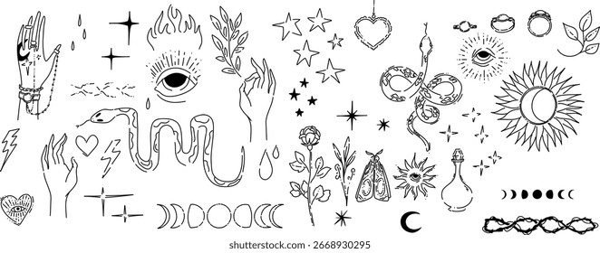 Set of hand drawn mystical esoteric love elements. Vector illustration.