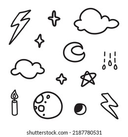 Set of hand drawn mystical weather icons. Simple stars, clouds, ligthing, rain, raindrops, moon and moon phases, candle