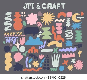 Set hand drawn naive, bizarre colorful abstract shapes and forms. Modern template contemporary figures, various organic shapes, doodle objects, graphic elements. Vector design abstract illustrations.