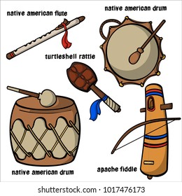 Set of hand drawn Native American traditional  musical instruments. Apache fiddle, turtle shell rattle, flute and drums.