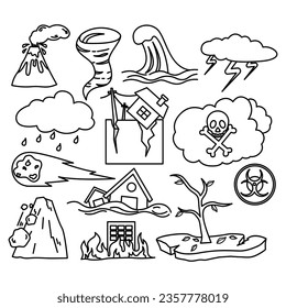 Set of Hand Drawn Natural Catastrophes Vector with Lineart Style.