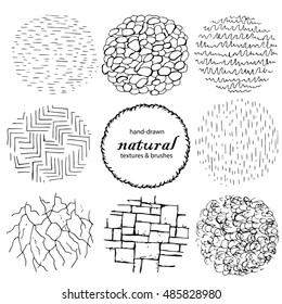 Set of the hand drawn natural textures and brushes. Collection of the artistic design elements. Brush strokes, dots, curves, lines, abstract backgrounds, patterns made with ink. Isolated vector