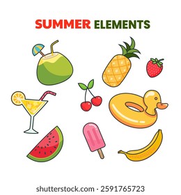 Set hand drawn natural tropical fruits. Watermelon, orange juice, cherry, lemon, banana, strawberry, pineapple, coconut, ice cream, duck swim balloon. Vector illustration.