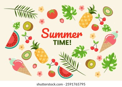 Set hand drawn natural tropical fruits summer time. Watermelon, pineapple, ice cream, leaf, strawberry, kiwi, cherry, tomato. Vector illustration.