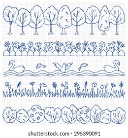 Set hand drawn nature border. Vector illustration for backgrounds, web design, design elements, textile prints, covers