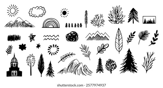 Set of hand drawn nature themed doodles of trees, mountains, leaves, sun, and clouds in black and white. Line shape marker and brush elements. For illustrations, and creative projects. Vector art