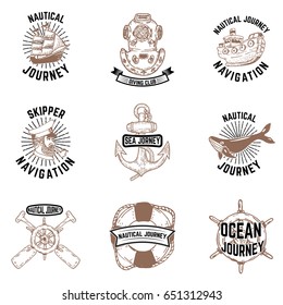 Set of hand drawn nautical emblems. Skipper, anchor, vessel, diver helmet. Design elements for label, emblem, sign, badge, poster, t-shirt.