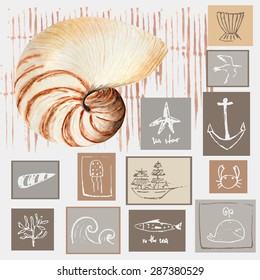  Set of hand drawn nautical icons, objects and design elements, including sea star, anchor, jellyfish, coral, seagull, crab, wave, ship, whale, fish. Nautilus shell made in watercolor technique