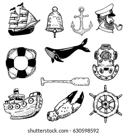 Set of hand drawn nautical vector elements. Design elements for poster, emblem,t-shirt