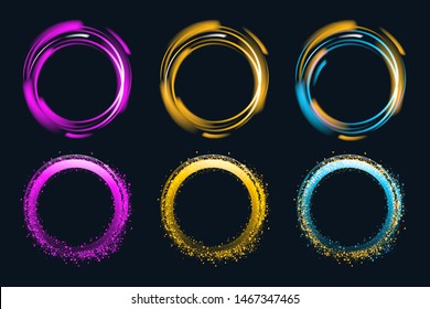 Set of hand drawn neon circle frames with golden, violet and blue glow. Vector glitter design elements for holiday cards, advertising concept, web