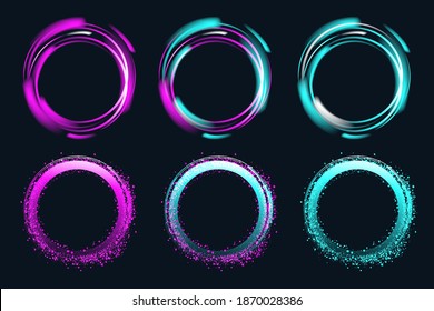 Set of hand drawn neon circle frames with silver, violet and blue glow. Vector glitter design elements for holiday cards, advertising concept, web