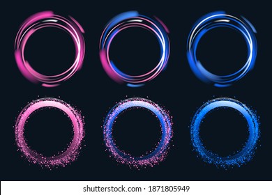 Set of hand drawn neon circle frames with pink and blue glow. Vector glitter design elements for holiday cards, advertising concept, cosmetics and beauty, web