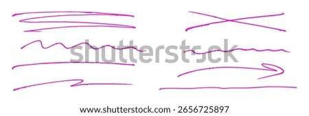Set of hand drawn neon pink underlines and accent lines, marker strikethrough. Scribble arrow. Note highlighting. Handwritten accent underline element. Vector graphic design.